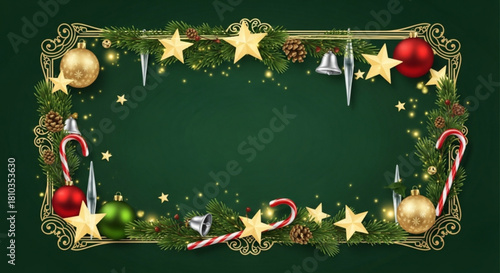 Christmas frame with ornaments, stars, candy canes, pine cones and fir branches on a green background created with generated ai