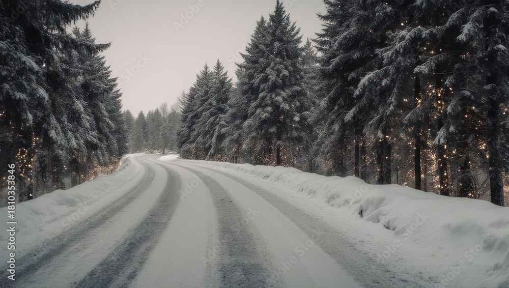 Obraz premium Snowy Forest Road in Winter Landscape.