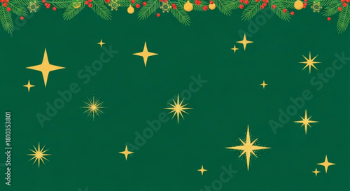 Festive green background with golden stars and christmas garland decoration at the top edge created with generated ai