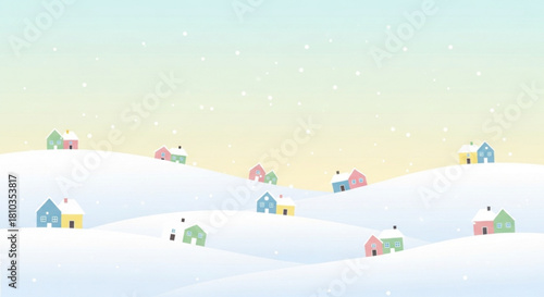 Illustration of a snowy landscape with colorful houses under a pastel gradient sky during snowfall created with generated ai