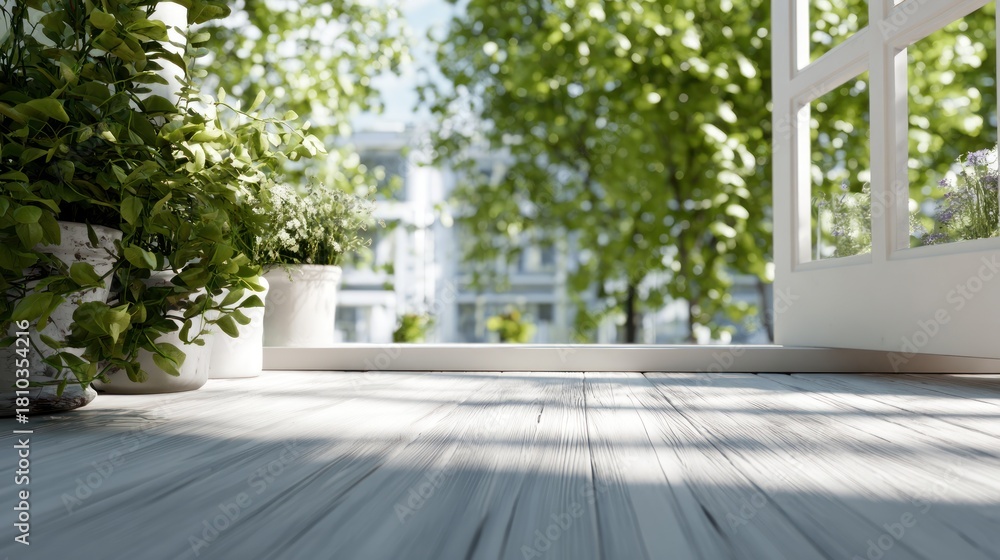 Fototapeta premium Sun-Drenched Wood Floor and Greenery Near an Open Window with Garden View