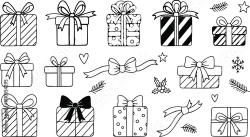 Collection of hand drawn christmas gift box and present icons with bow and ribbon elements, isolated on white background