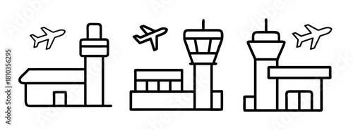 Airport control tower vector illustration with planes flying around airport guidance and safety system