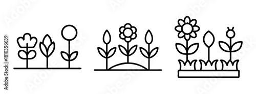 Vector garden flowerbed illustration with blooming flowers and plants garden design template line art