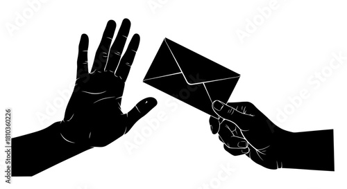 Silhouette illustration of one hand offering an envelope and another hand refusing it with an open palm.