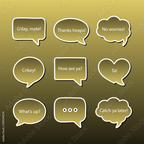 Australian Slang Speech Bubble Set. Warm-Toned Vector Icons with Informal Phrases for Cultural Use. This culturally rich design is ideal for educational materials or language illustrations. 
