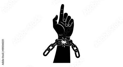A black silhouette of a hand with an index finger pointing up, breaking free from a metal chain around the wrist, symbolizing freedom and liberation.