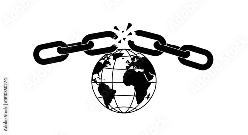 Black and white graphic of a broken chain above a globe, symbolizing freedom and global liberation.