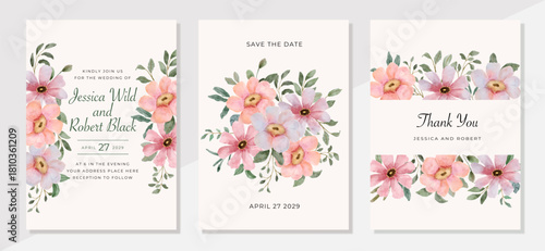 Wedding invitation with peach floral watercolor background