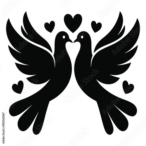 A charming silhouette illustration features a pair of doves facing each other, surrounded by hearts, symbolizing love, peace, and togetherness isolated on white background