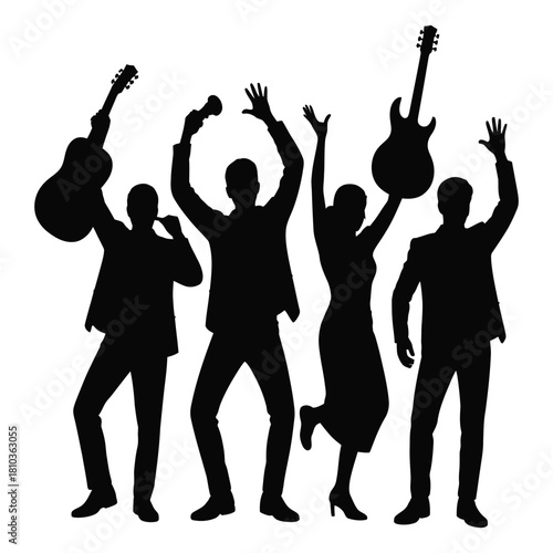 A dynamic black and white vector illustration showcases a group of musicians performing with guitars and a microphone, capturing the energy of a live band, isolated on white background