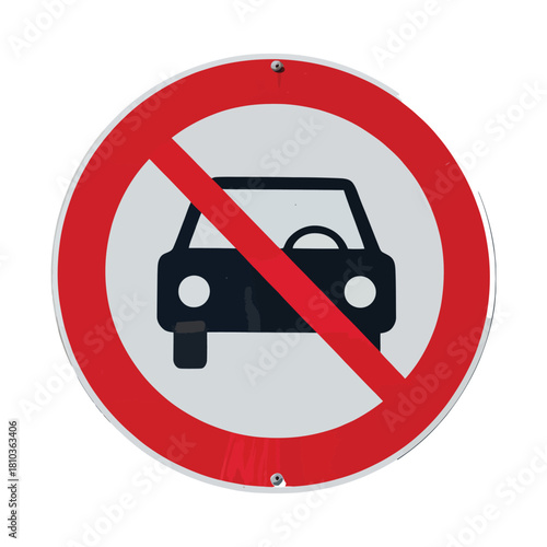 A red and white round sign with a black car and a red line through it, indicating that cars are not allowed in this area, isolated on white background its a clear warning