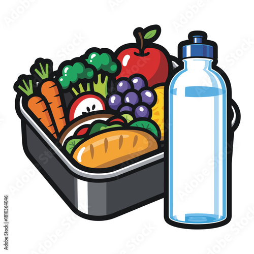 A vibrant and healthy lunchbox filled with nutritious food and a water bottle, isolated on white background ideal for promoting healthy eating habits and school lunches