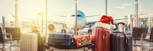 Luggage with Christmas decorations at airport terminal for holiday travel