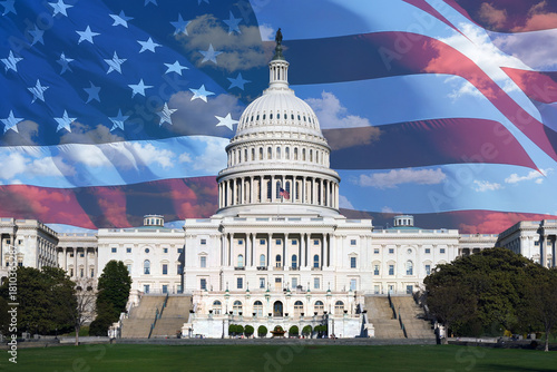 Close up of the US capitol building with US flag backdrop