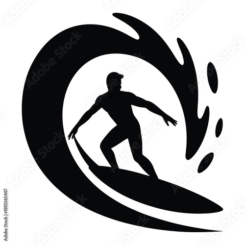 This dynamic vector illustration captures a surfer riding a powerful wave, embodying the thrill of surfing and the beauty of ocean sports isolated on white background