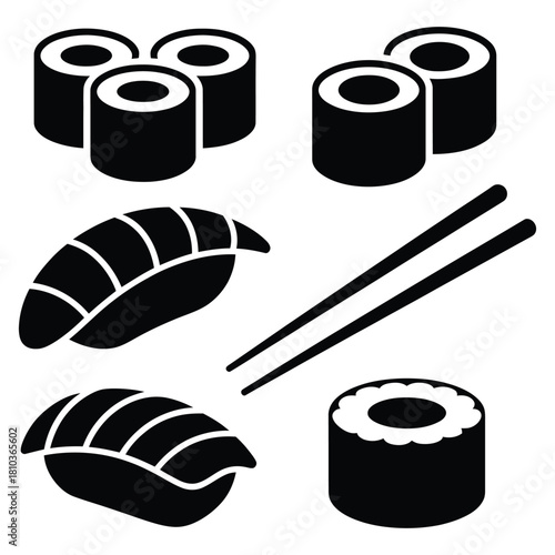 This vector illustration showcases a sushi set, isolated on white background, featuring maki rolls, nigiri, and chopsticks, perfect for culinary designs and japanese cuisine themes