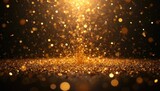 Golden confetti and bokeh lights fall gently against a dark background, creating a festive and celebratory atmosphere. This abstract visual evokes joy and excitement for special events and holidays.