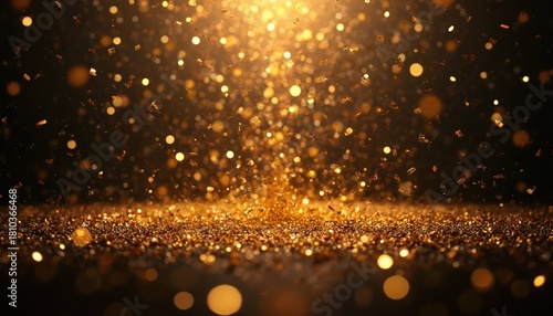 Golden confetti and bokeh lights fall gently against a dark background, creating a festive and celebratory atmosphere. This abstract visual evokes joy and excitement for special events and holidays. © Maryna