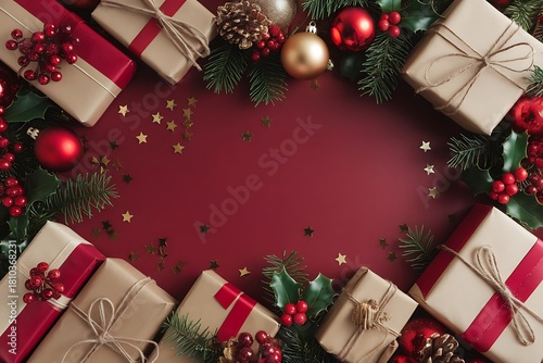 Festive Christmas Gift Arrangement with Decorations on a Red Background