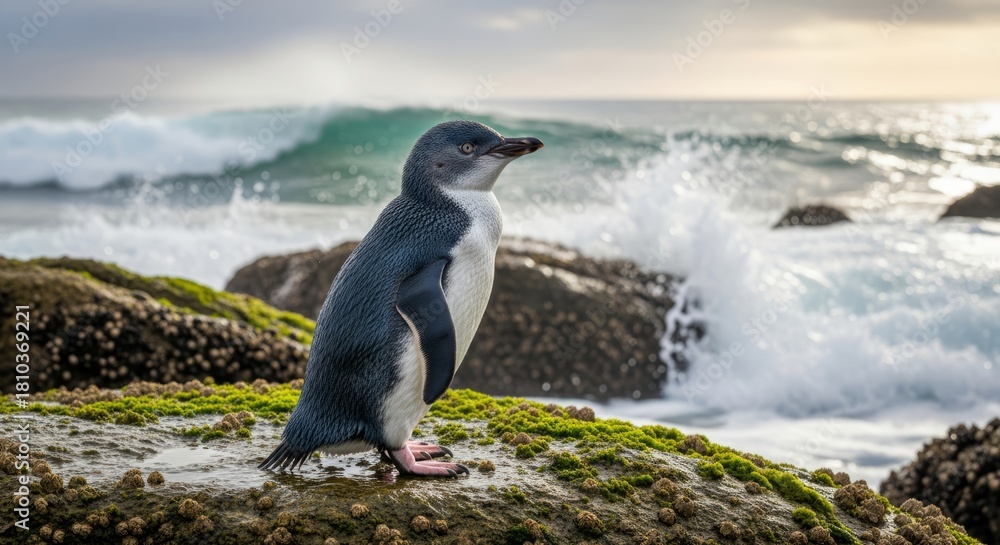 Obraz premium Fairy penguin walking along the shore with its small body and blue-gray feathers. The world’s smallest penguin, symbol of charm, coastal life, and wildlife.