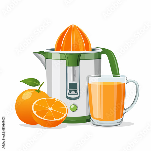 Electric citrus juicer with fresh orange juice and fruit slices.