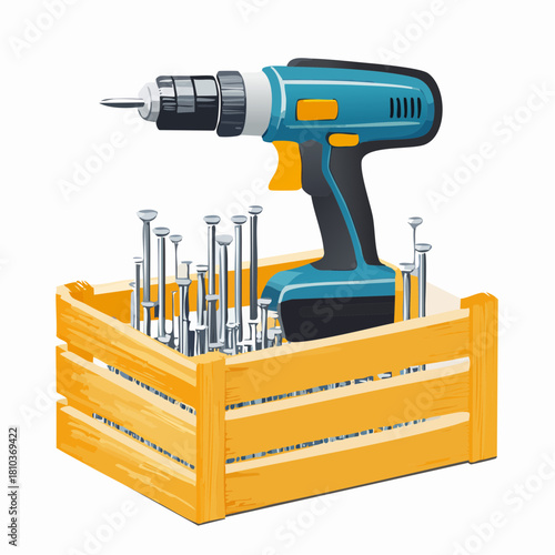 Electric drill and nails in a wooden box.