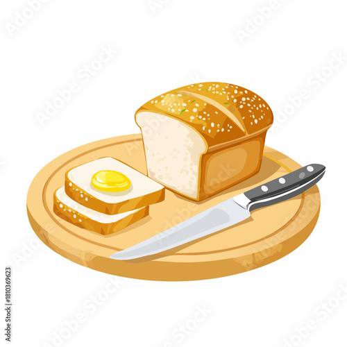 Freshly baked bread slices with butter on a wooden cutting board with a knife.