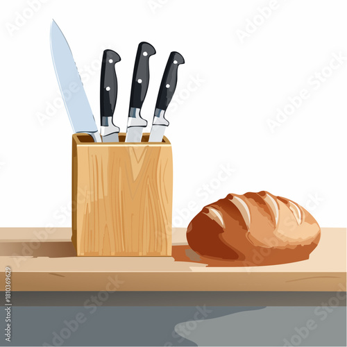 Freshly baked bread loaf next to a wooden knife block with various kitchen knives.