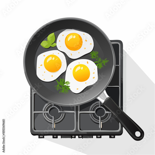 Frying pan with eggs on a gas stove top view.