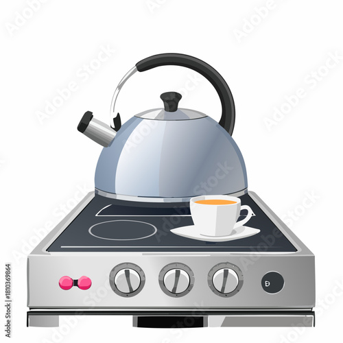 Kettle and cup on a stove top.
