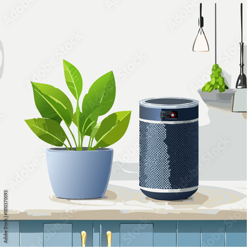 Modern air purifier and green plant on a white counter in a bright room.