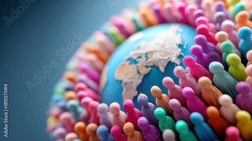 Diverse avatars surround globe, symbolizing unity and global connection. This evokes sense of community and collaboration