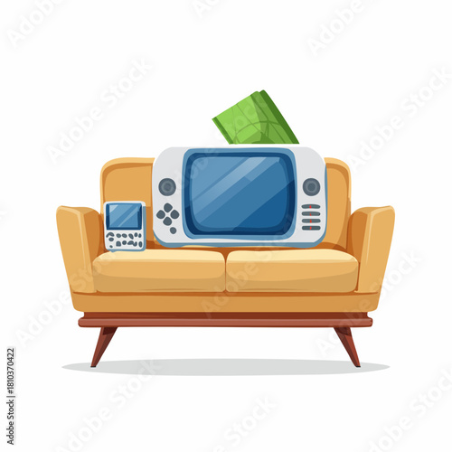 Old TV and remote control on a vintage sofa with money.