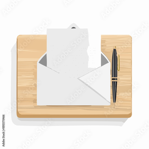 Open envelope with blank paper and pen on wooden desk.