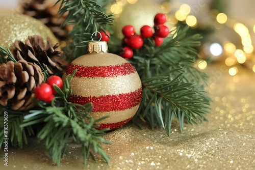 Festive Christmas Ornament with Golden and Red Stripes Against a Garland Backdrop
