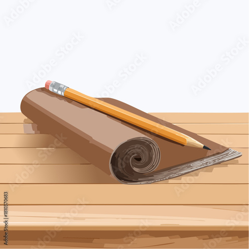 Pencil and rolled paper on a wooden table.