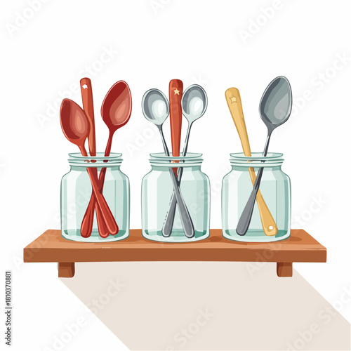 Spoons in jars on a shelf.