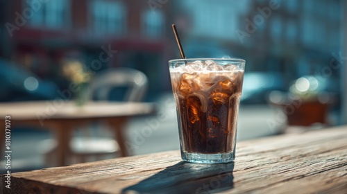 Iced coffee drink on a wooden table with a straw and blurred backdrop