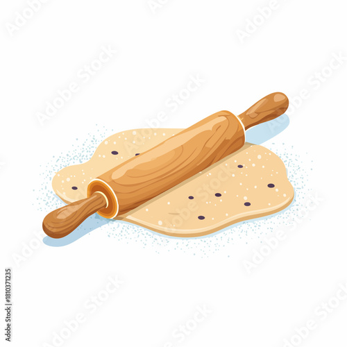 Wooden rolling pin on dough with chocolate chips.