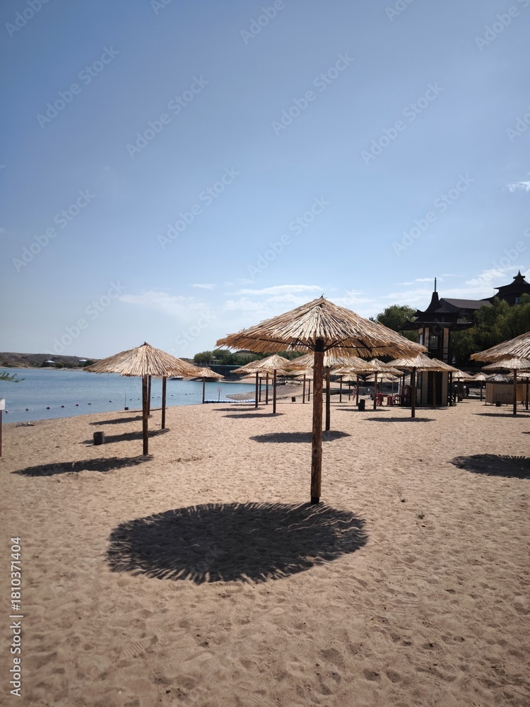 Fototapeta premium Row of straw umbrellas on a sandy beach