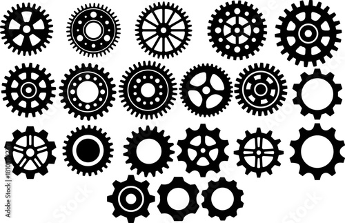 A set of black-and-white silhouettes featuring gears, cogs, mechanical parts, and clockwork elements inspired by engineering and steampunk design