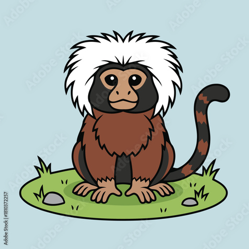 Cute Cotton Top Tamarin (Saguinus oedipus) sitting on grass, small New World monkey character in flat design style vector illustration