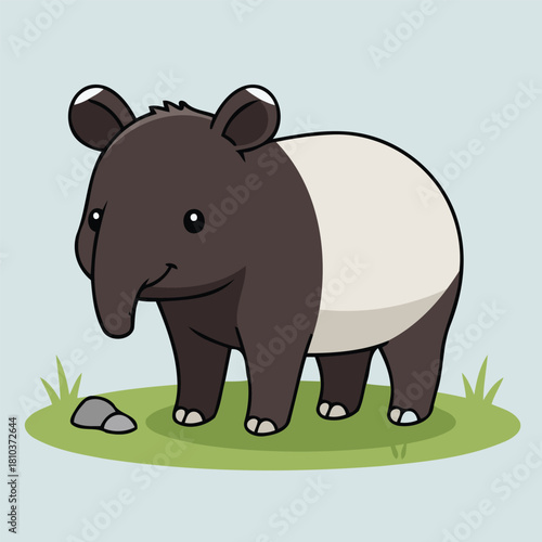 Cute Malayan Tapir (Tapirus indicus) standing on grass, black and white herbivore animal character in flat design style vector illustration