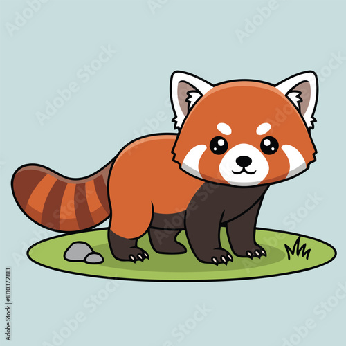 Cute Red Panda (Ailurus fulgens) standing on grass, adorable Himalayan animal character in flat design style vector illustration