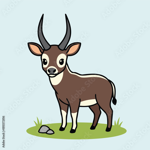 Cute Saola (Pseudoryx nghetinhensis) or Asian unicorn standing on grass, rare bovine animal character in flat design style vector illustration