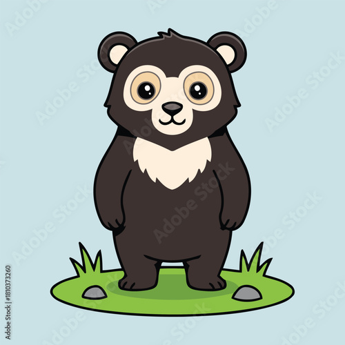 Cute Spectacled Bear (Tremarctos ornatus) or Andean bear standing on grass, South American animal character in flat design style vector illustration