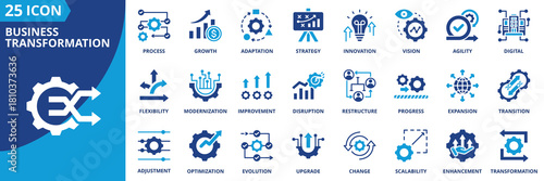 business transformation icon set collection in solid glyph dual color style. pack contain transformation, innovation, strategy, change, growth, agility, digital, optimization, process, evolution icon