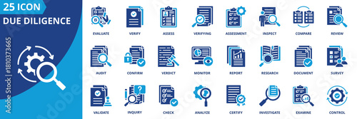 due diligence icon set collection in solid glyph dual color style. pack contain audit, review, verify, check, assess, analyze, inspect, evaluate, confirm, investigate icon