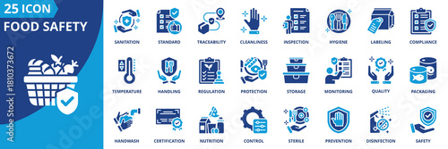 food safety icon set collection in solid glyph dual color style. pack contain hygiene, sanitation, cleanliness, inspection, quality, standard, certification, traceability, allergy, labeling icon